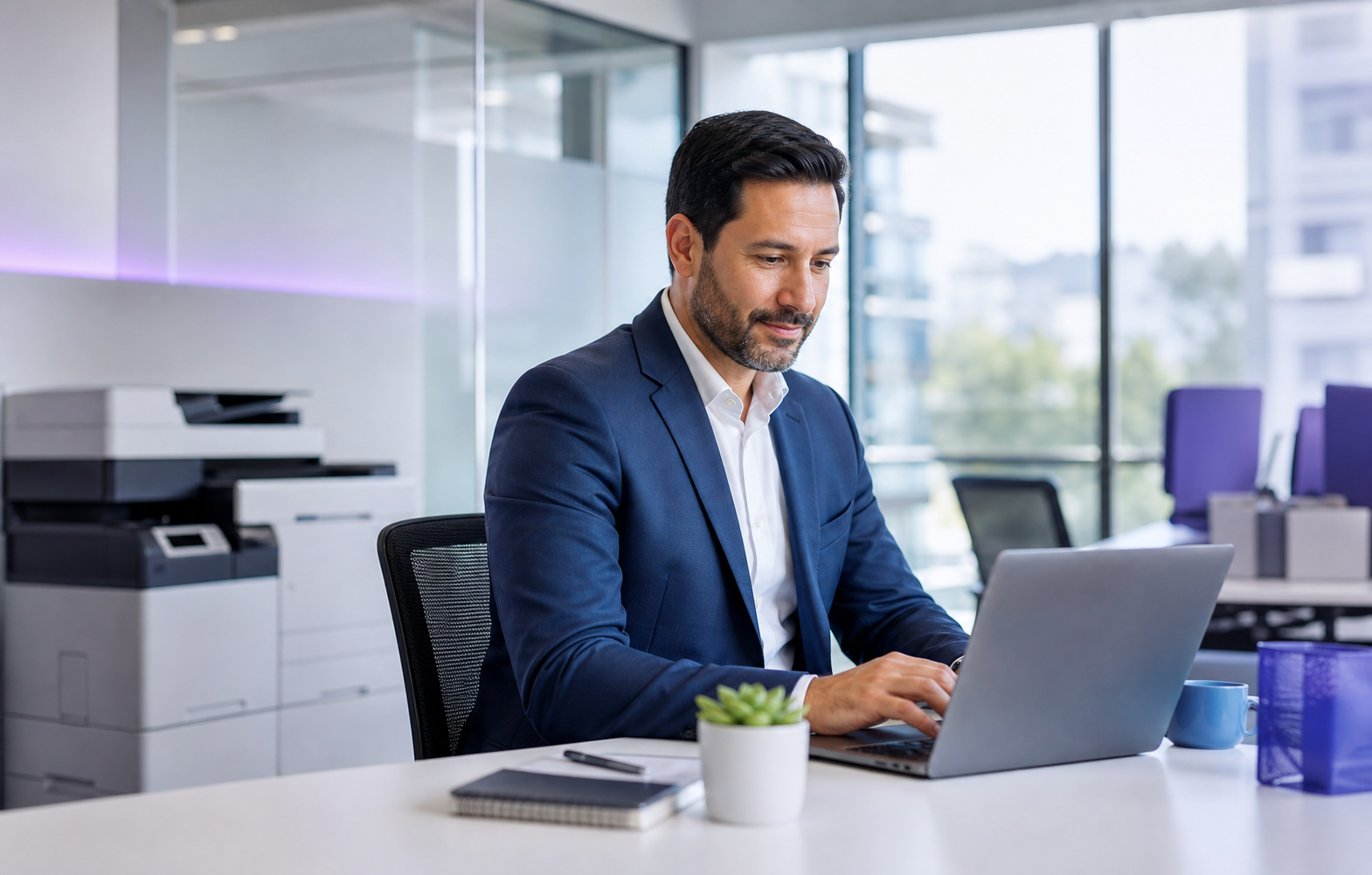 Profissional usando notebook em ambiente corporativo moderno