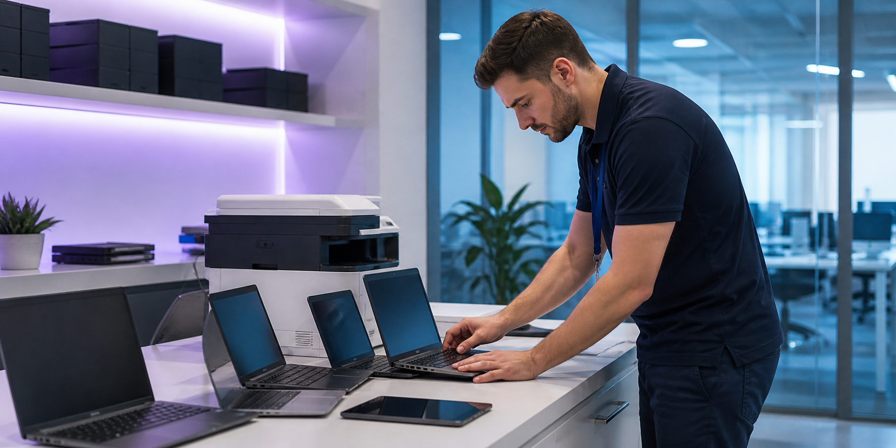 Técnico configurando notebooks e equipamentos de impressão